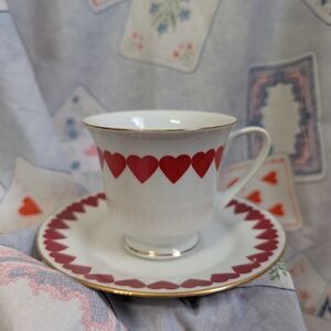 Vintage heart Patterned Teacup & Saucer Set gold rim Valentine sweetheart china